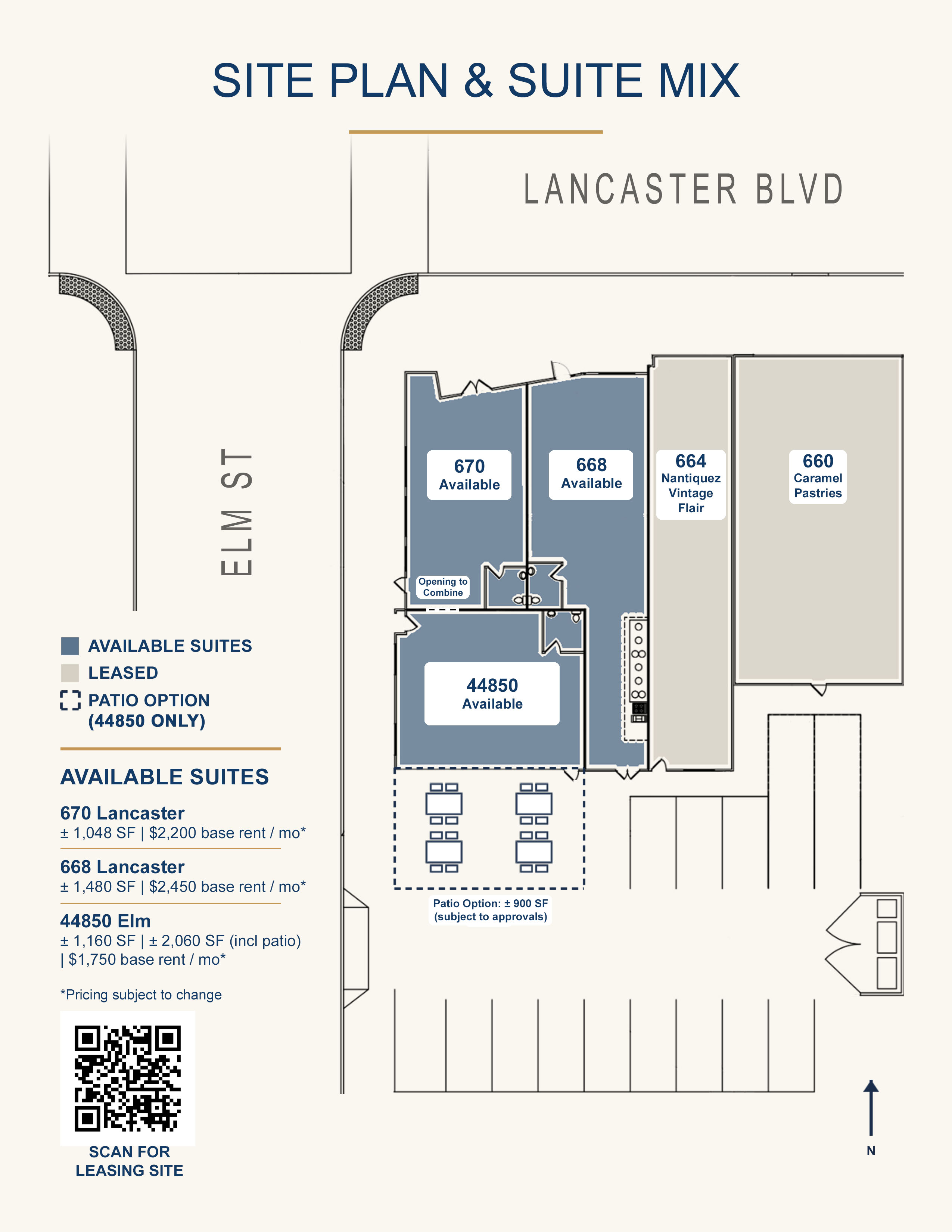 Site plan showing available suites 670, 668 and 44850, occupied suites 664 and 660, rear parking and patio option